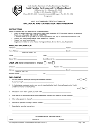 Application for Certification as a Biological Wastewater Treatment Operator - South Carolina