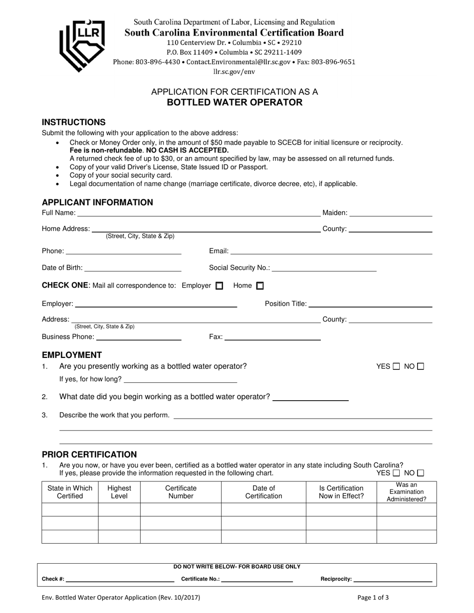South Carolina Application for Certification as a Bottled Water Operator Fill Out, Sign Online