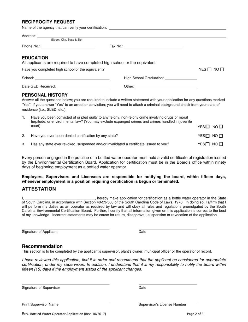 Application for Certification as a Bottled Water Operator - South Carolina, Page 2