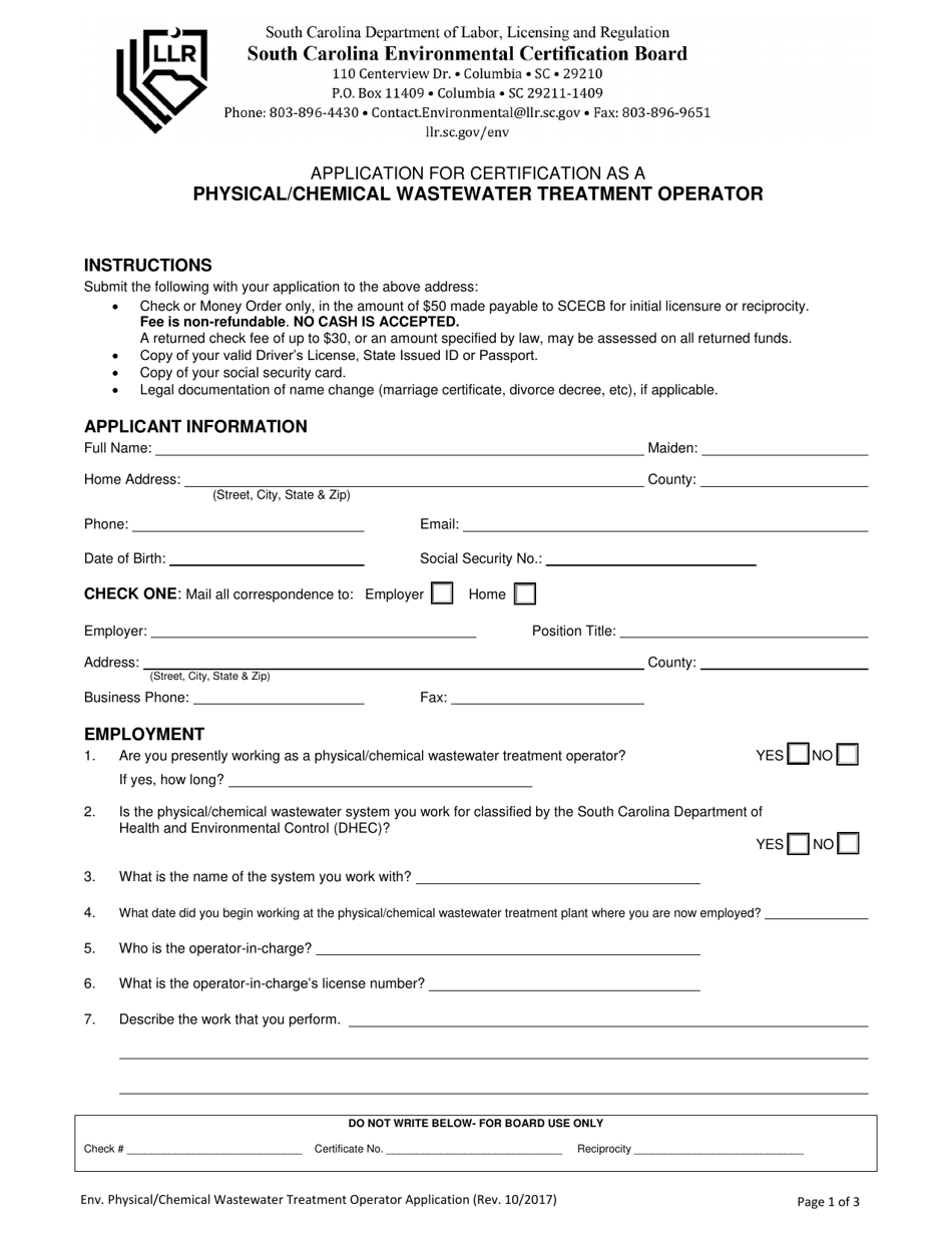 Application for Certification as a Physical / Chemical Wastewater Treatment Operator - South Carolina, Page 1