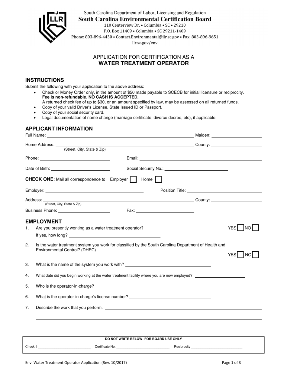 Application for Certification as a Water Treatment Operator - South Carolina, Page 1