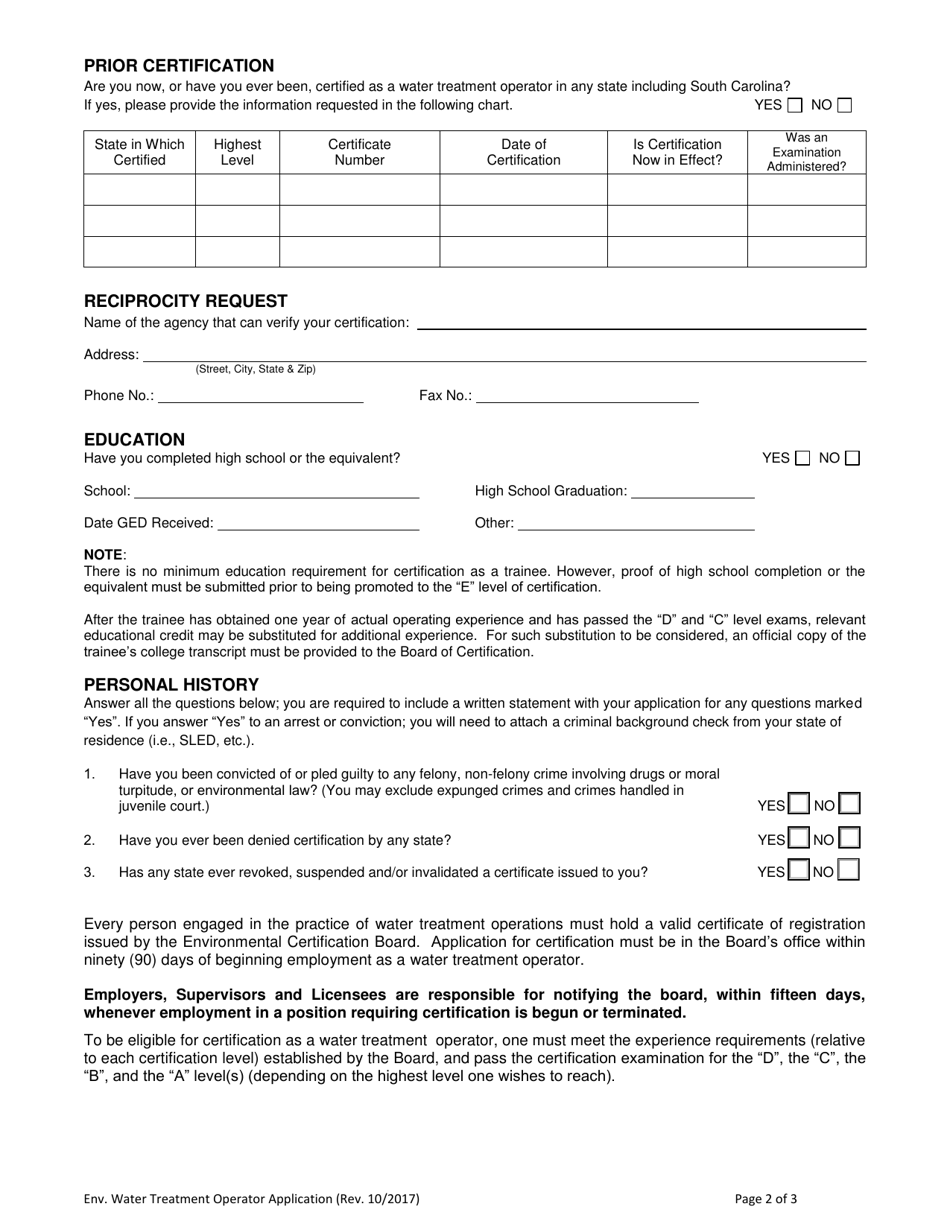 South Carolina Application for Certification as a Water Treatment