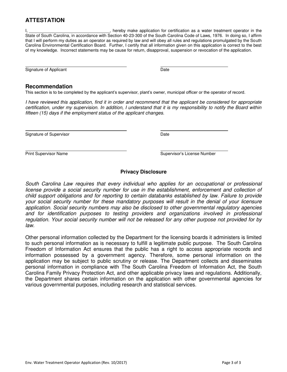 South Carolina Application for Certification as a Water Treatment