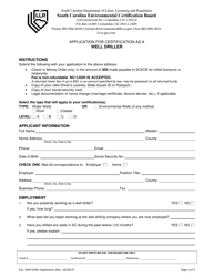 Document preview: Application for Certification as a Well Driller - South Carolina