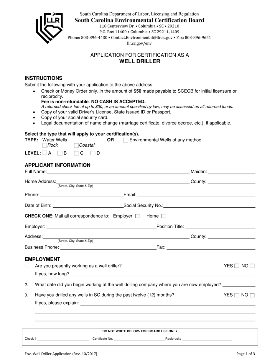 Application for Certification as a Well Driller - South Carolina, Page 1