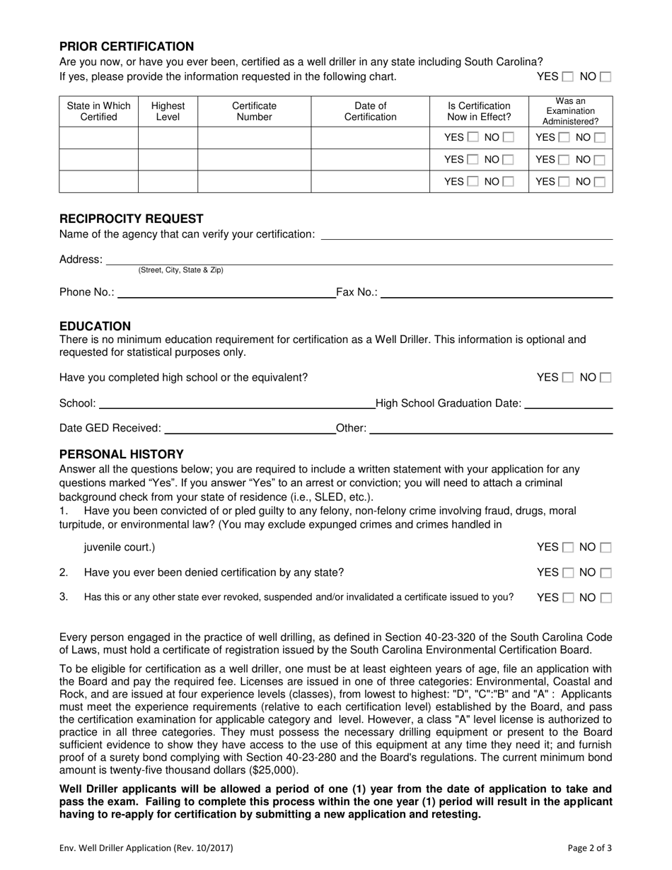 Application for Certification as a Well Driller - South Carolina, Page 2