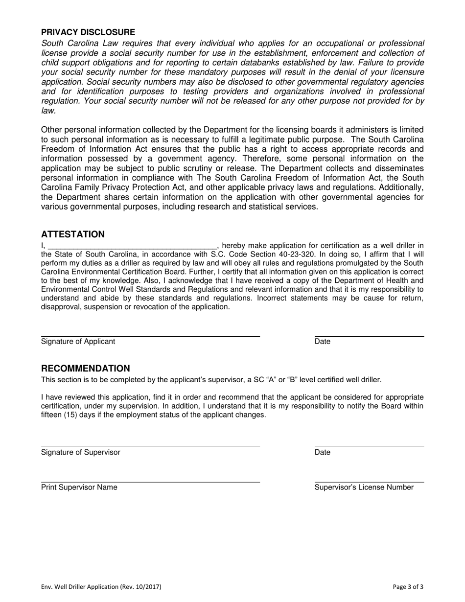 Application for Certification as a Well Driller - South Carolina, Page 3
