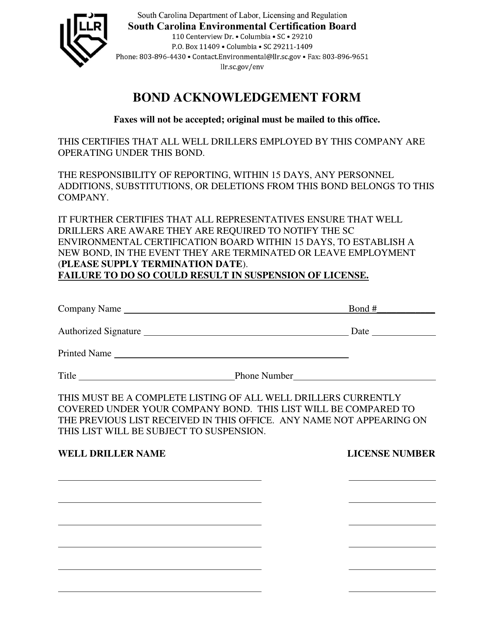 Bond Acknowledgement Form - South Carolina Download Pdf