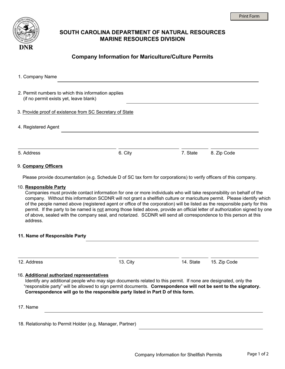 Company Information for Mariculture / Culture Permits - South Carolina, Page 1