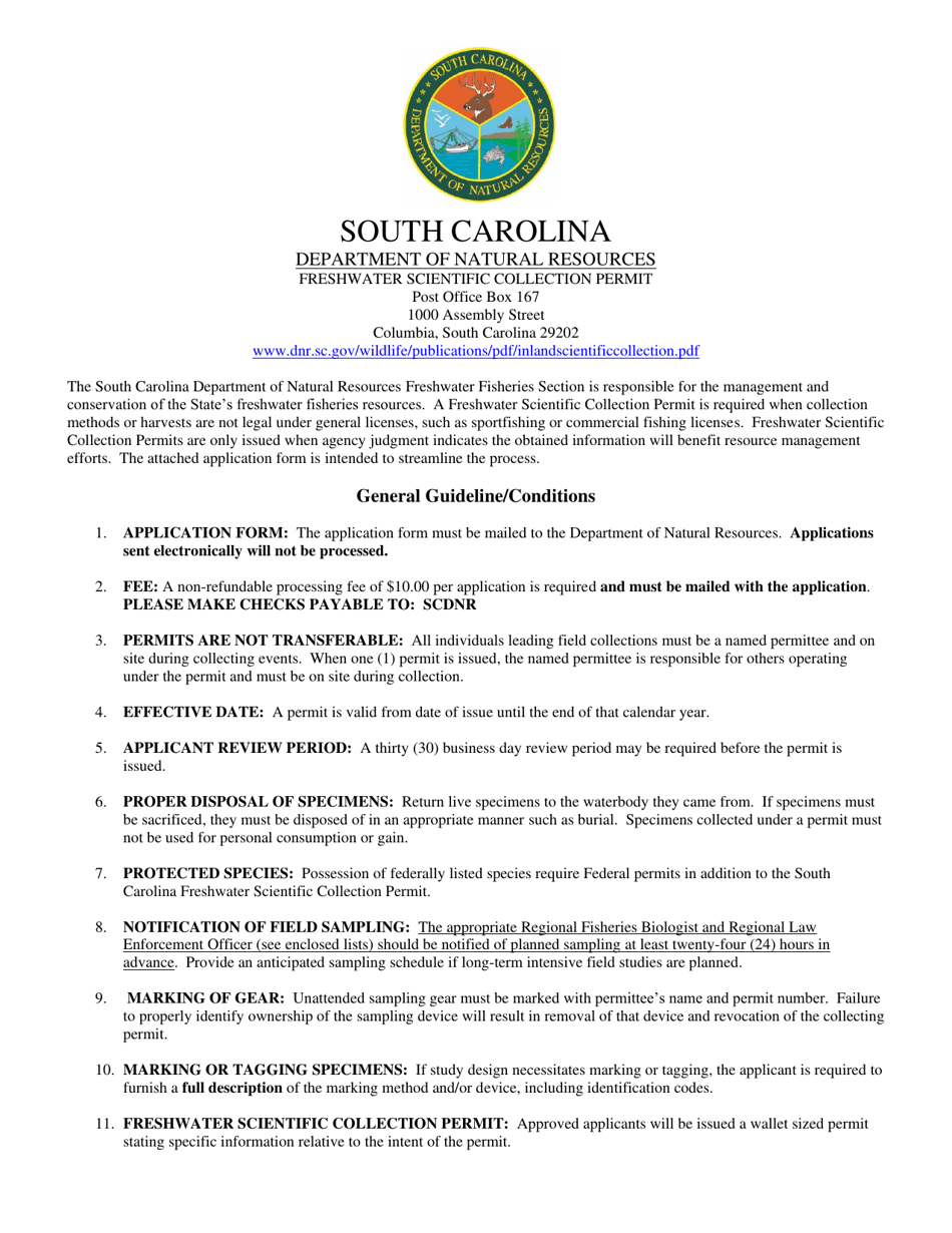 Freshwater Scientific Collecting Permit - South Carolina, Page 1