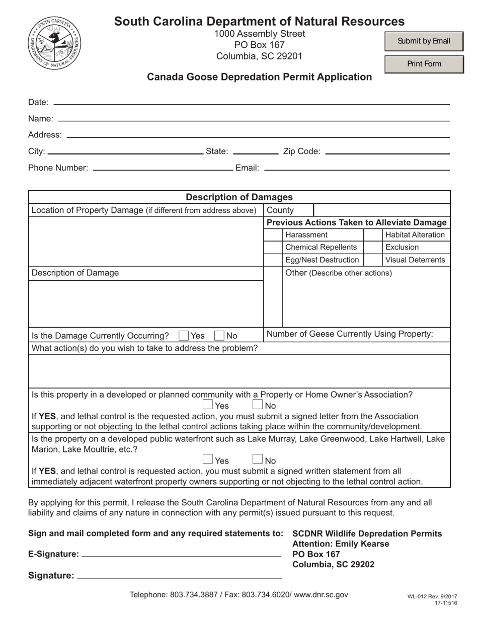 Form WL-012 Canada Goose Depredation Permit Application - South Carolina, Page 1