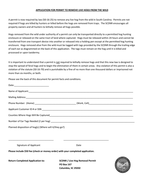 Application for Permit to Remove Live Hogs From the Wild - South Carolina Download Pdf