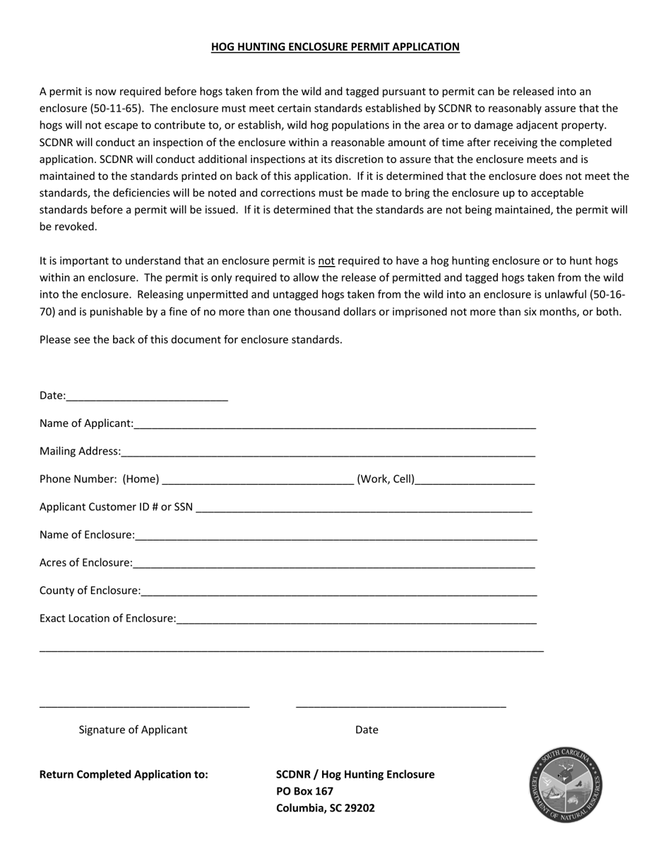 Hog Hunting Enclosure Permit Application - South Carolina, Page 1