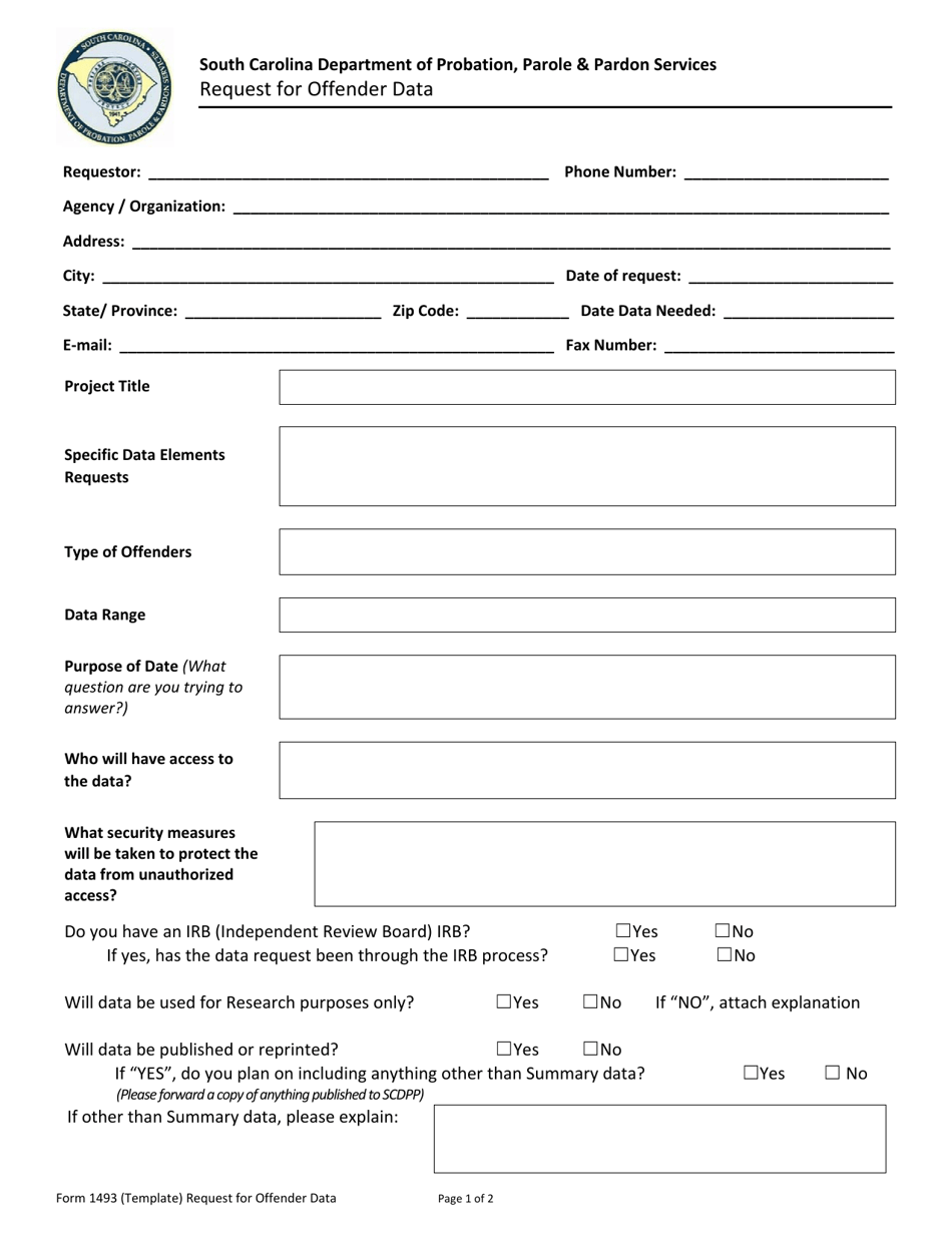 Form 1493 Request for Offender Data - South Carolina, Page 1