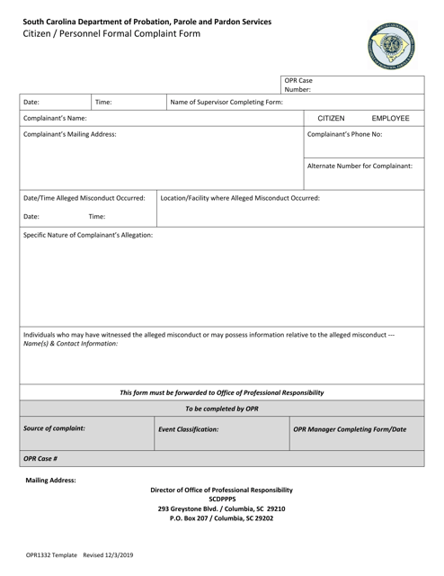 Form OPR1332 Citizen/Personnel Formal Complaint Form - South Carolina