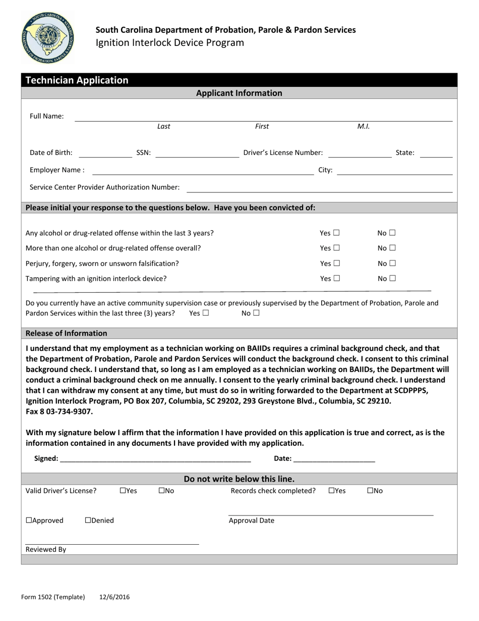 Form 1502 Technician Application - Ignition Interlock Device Program - South Carolina, Page 1