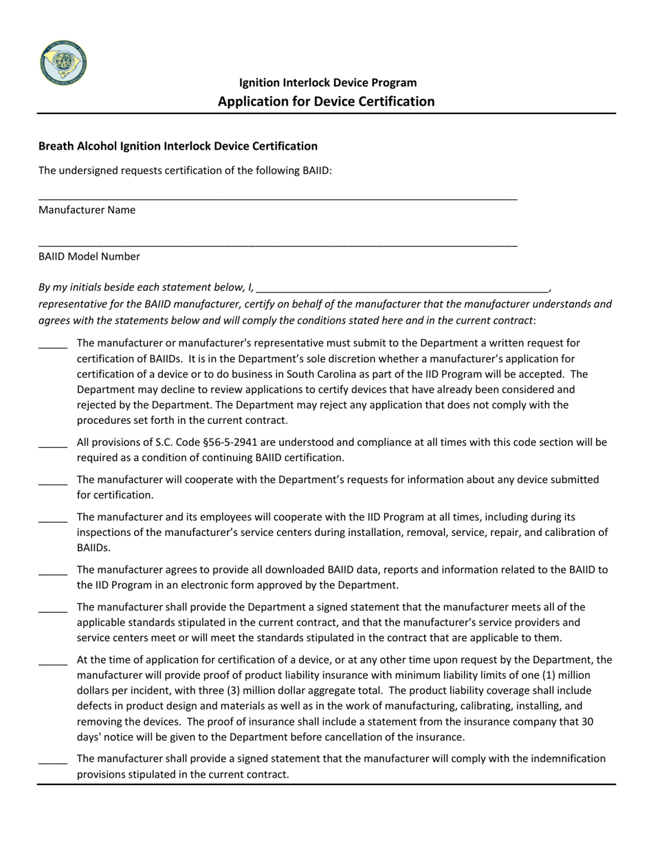 South Carolina Application for Device Certification Ignition