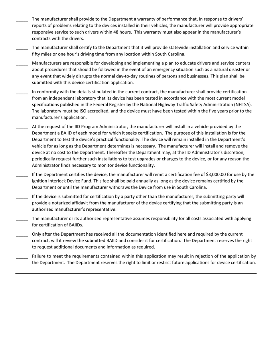 South Carolina Application for Device Certification Ignition