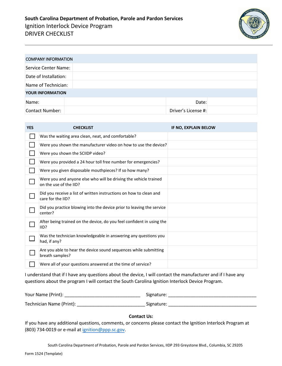 Form 1524 Driver Checklist - Ignition Interlock Device Program - South Carolina, Page 1