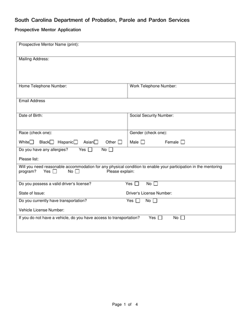 Form 1399 Prospective Mentor Application - South Carolina