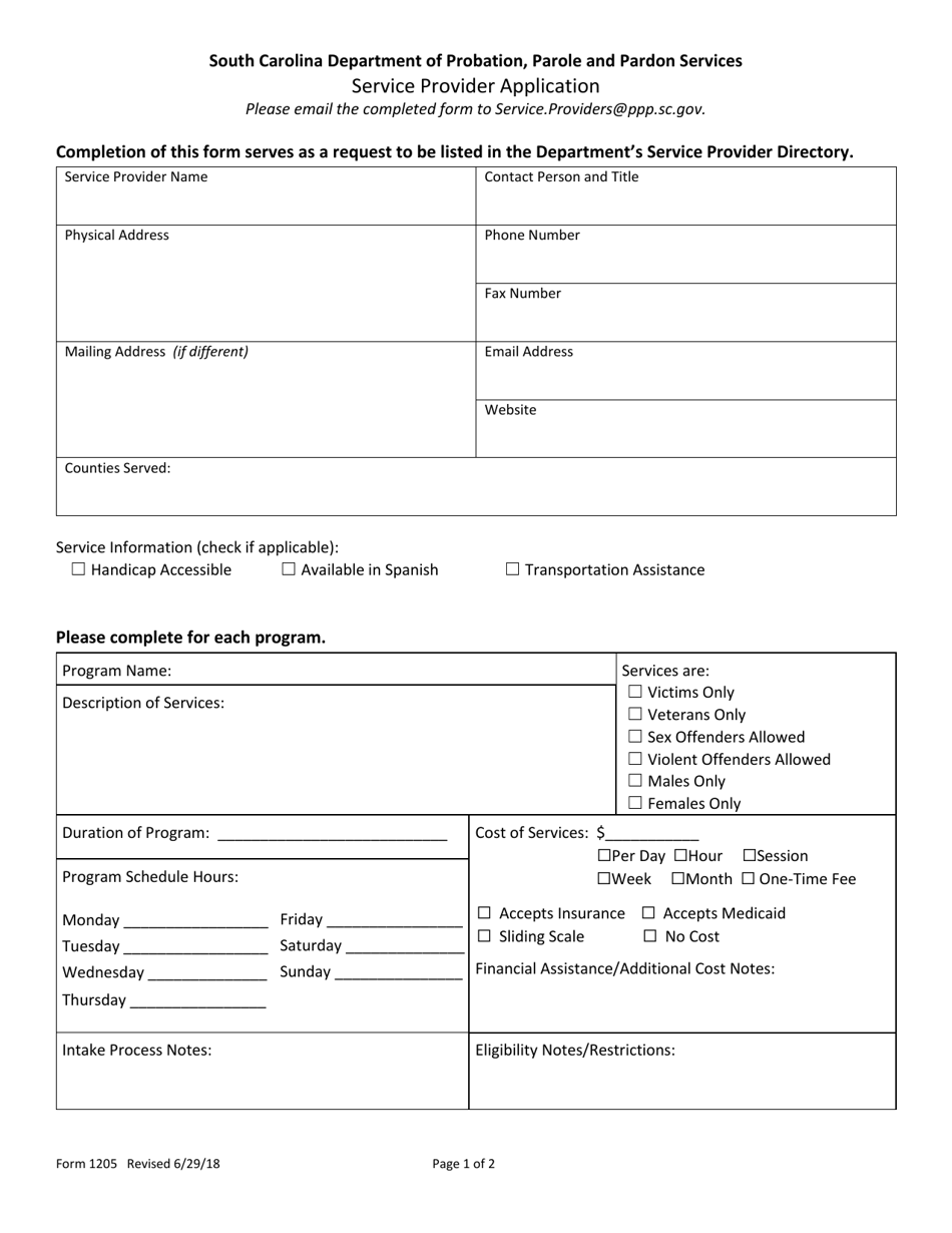 Form 1205 Service Provider Application - South Carolina, Page 1