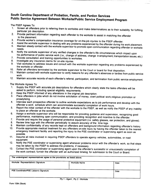 Form 1084 Public Service Agreement Between Worksite/Public Service Employment Program - South Carolina