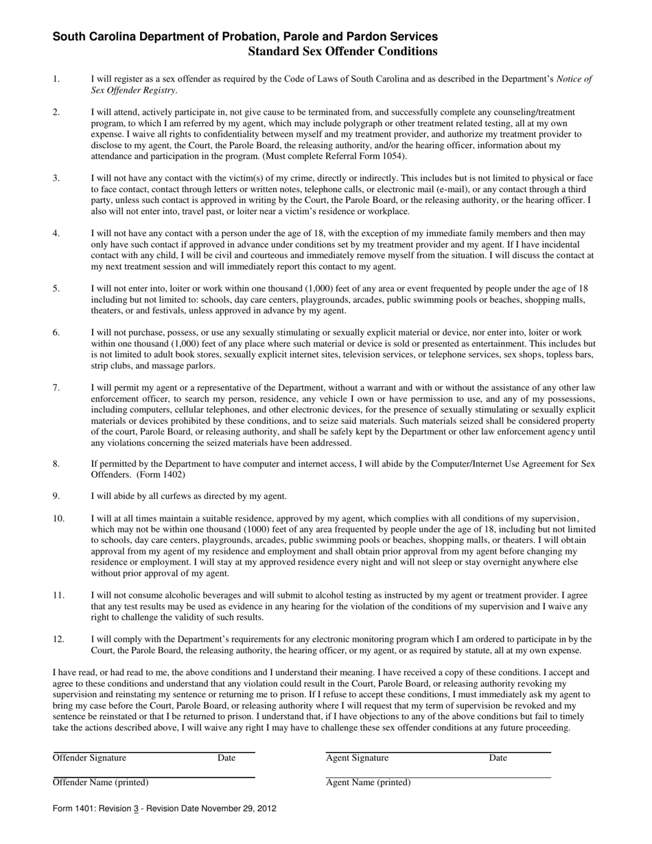 Form 1401 Standard Sex Offender Conditions - South Carolina, Page 1