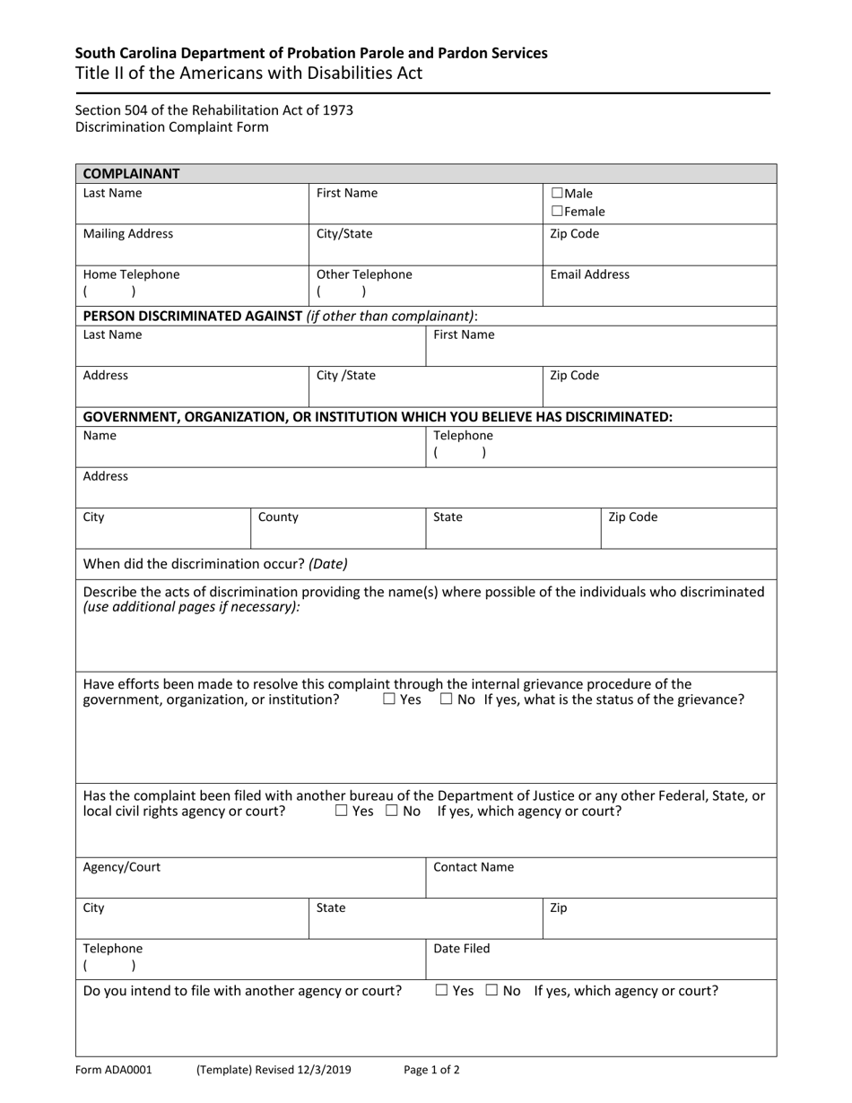 Form ADA0001 Ada Discrimination Complaint Form - South Carolina, Page 1