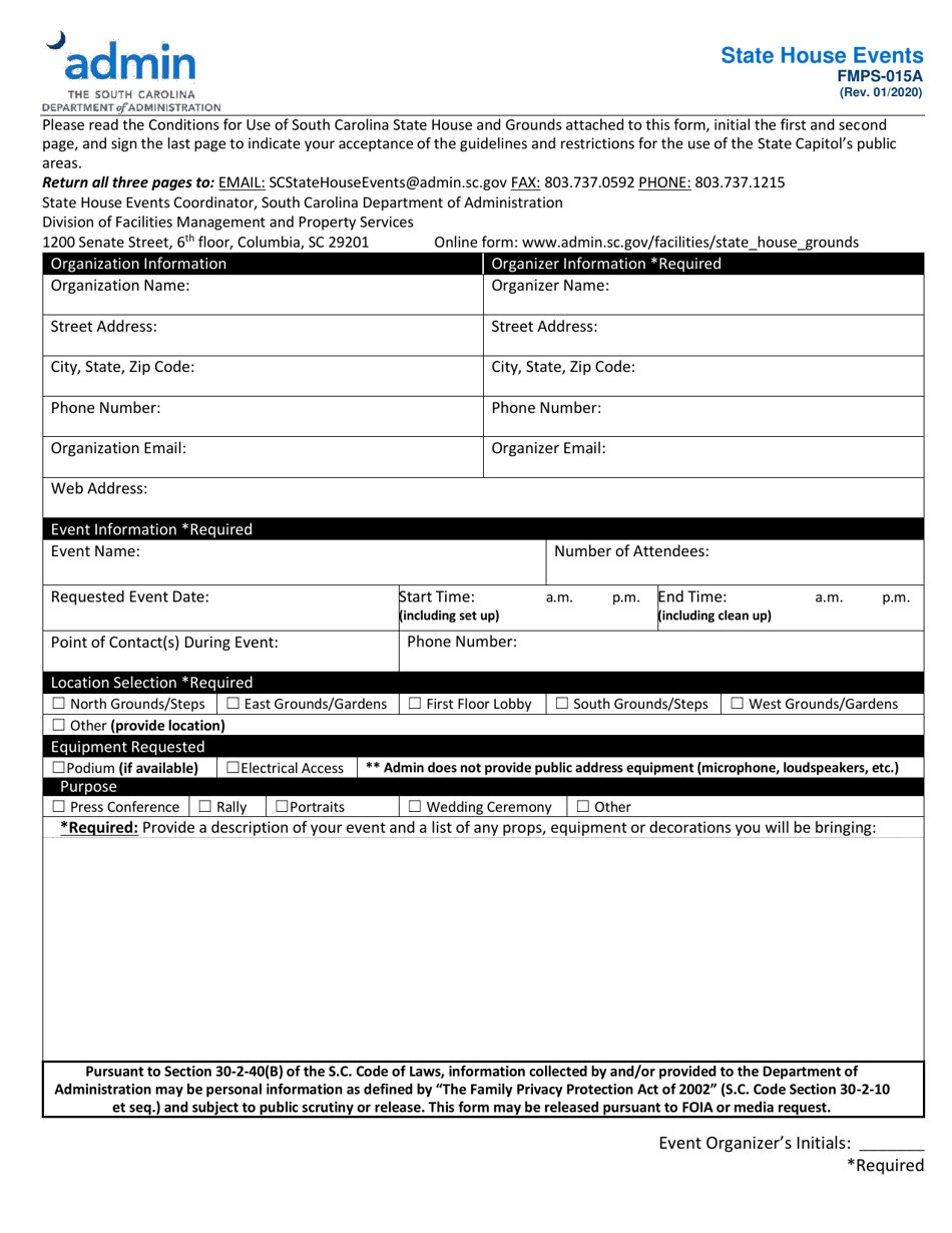 Form FMPS-015A State House Events - South Carolina, Page 1