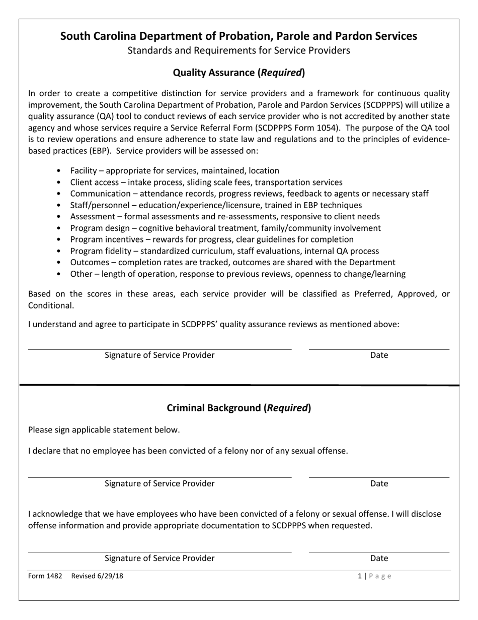 Form 1482 Standards and Requirements for Service Providers - South Carolina, Page 1