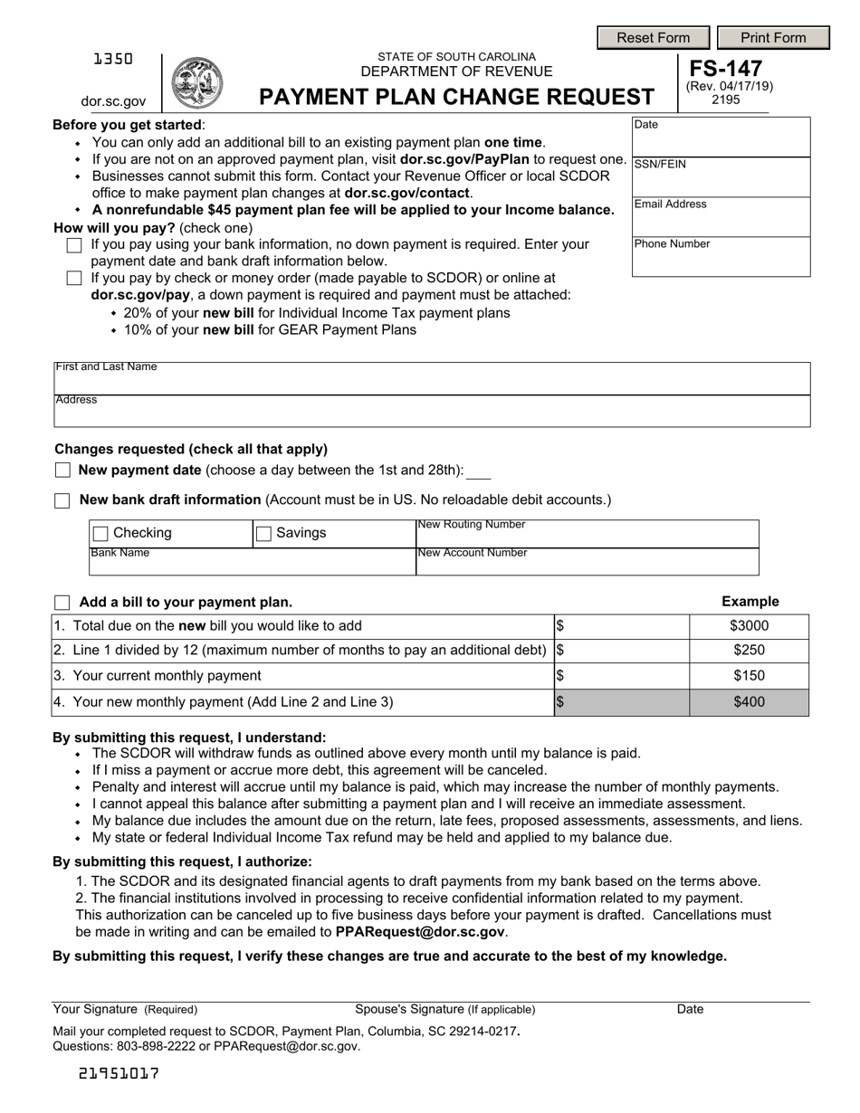 Form FS-147 Payment Plan Change Request - South Carolina, Page 1