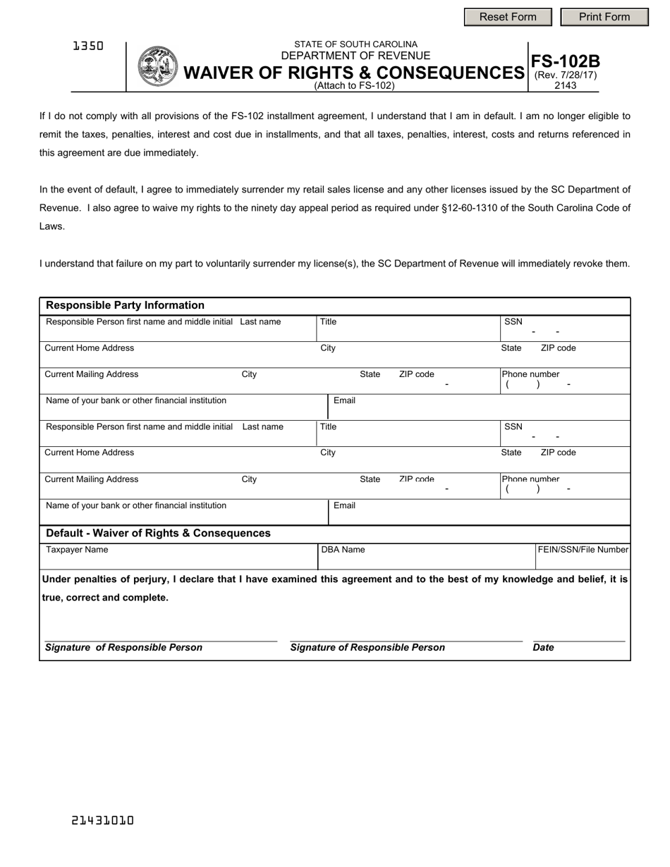 Form FS-102B Waiver of Rights  Consequences - South Carolina, Page 1