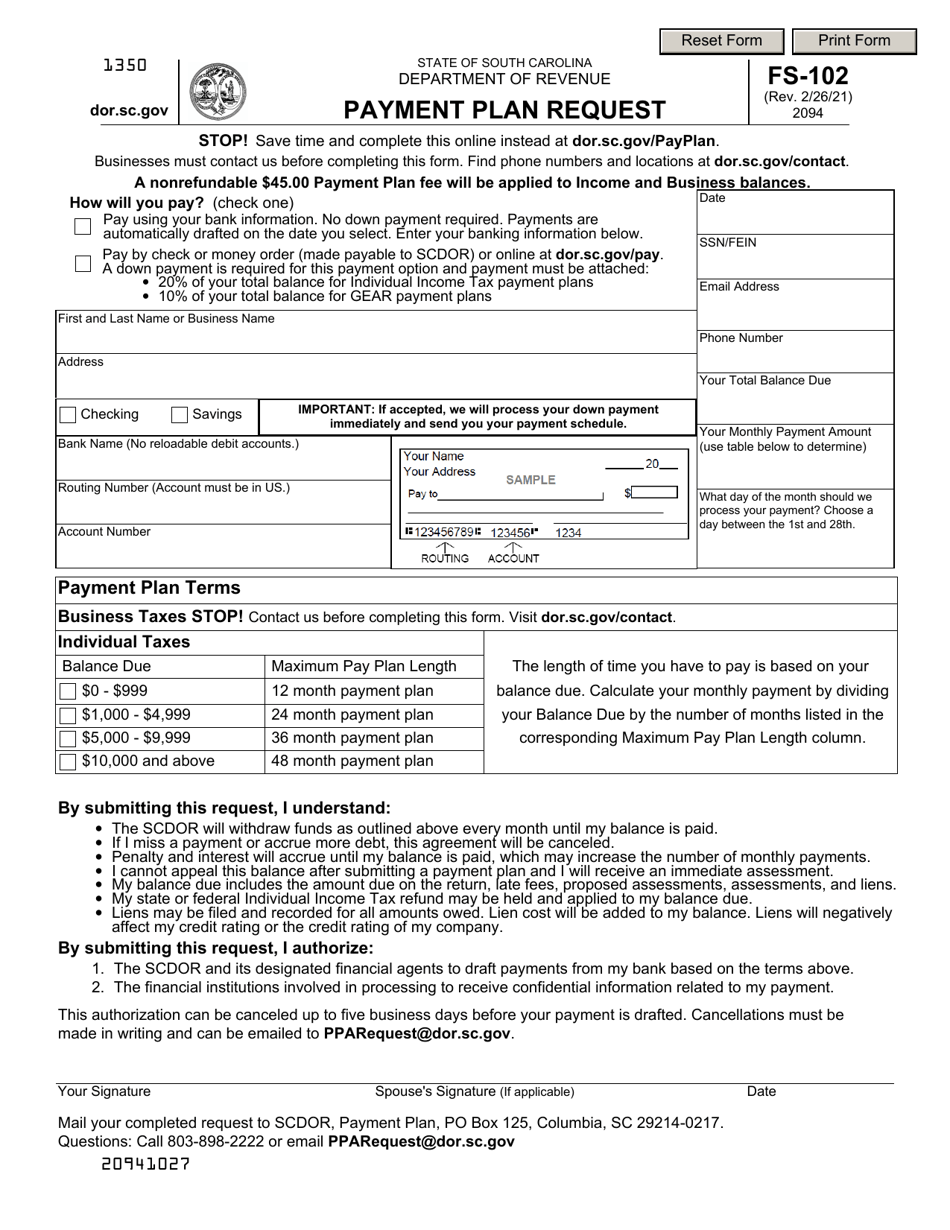 Form FS-102 Payment Plan Request - South Carolina, Page 1
