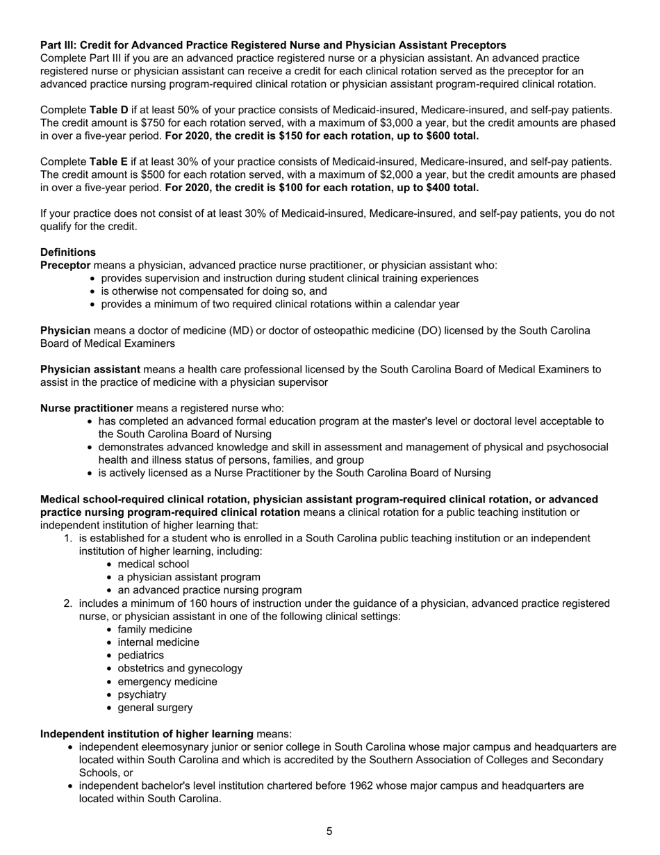 Form SC SCH.TC-62 Preceptor Credit - South Carolina, Page 5