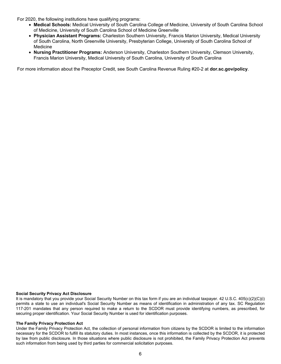 Form SC SCH.TC-62 Preceptor Credit - South Carolina, Page 6