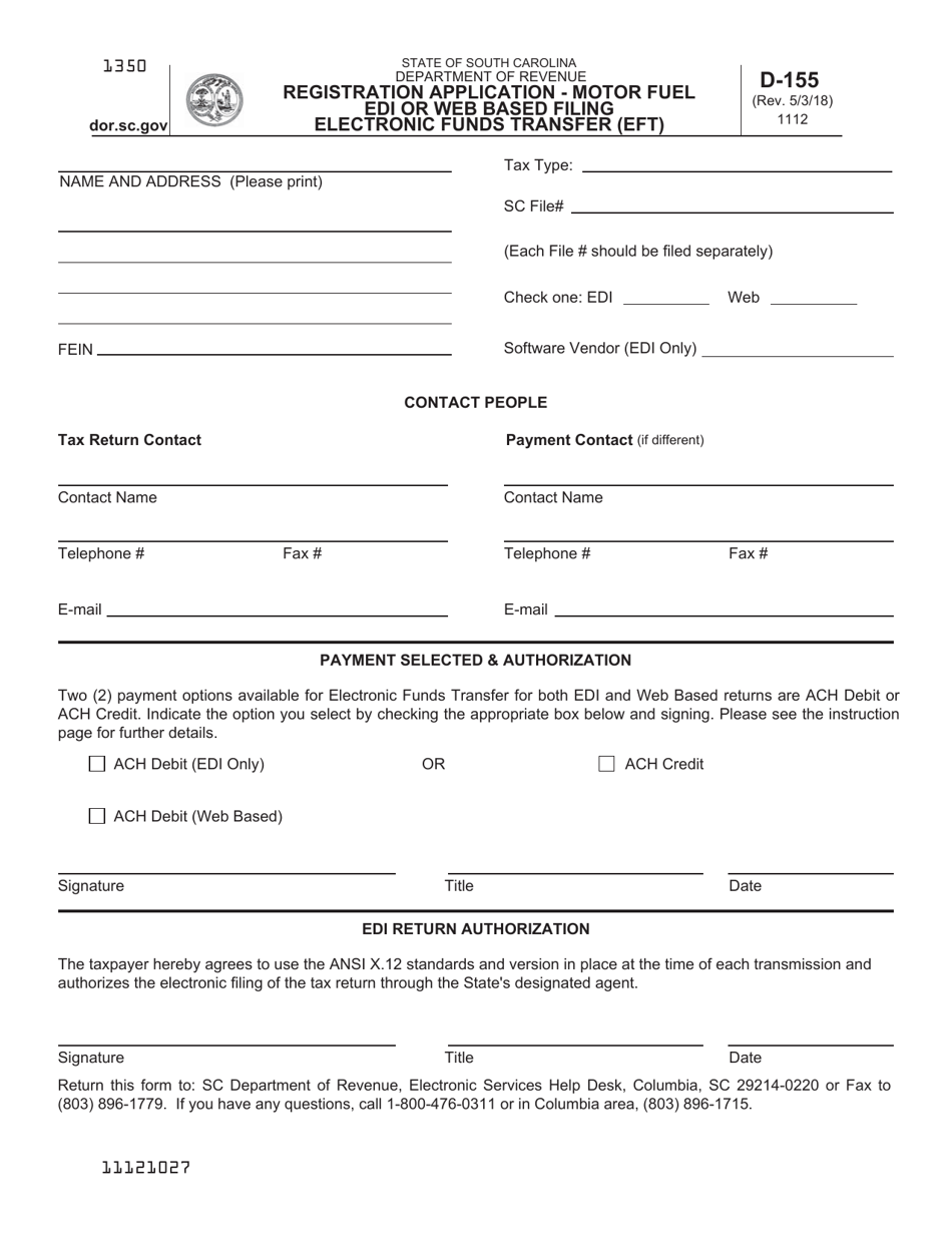 Form D-155 Registration Application - Motor Fuel Edi or Web Based Filing Electronic Funds Transfer (Eft) - South Carolina, Page 1