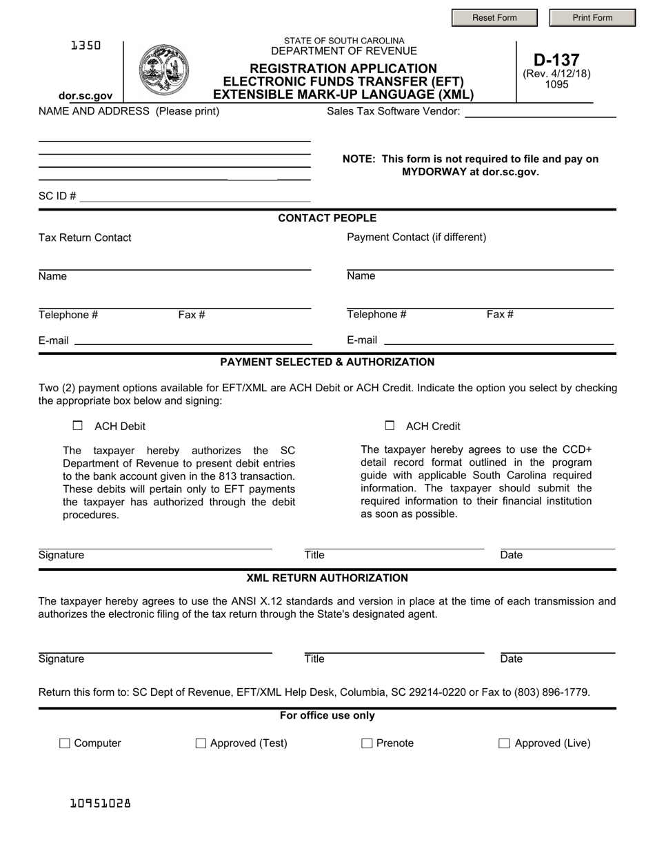 Form D-137 Registration Application Electronic Funds Transfer (Eft) Extensible Mark-Up Language (Xml) - South Carolina, Page 1