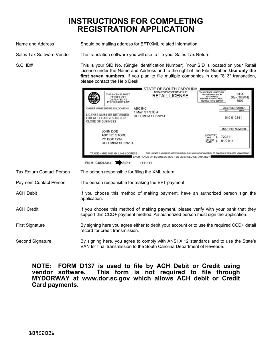 Form D-137 Registration Application Electronic Funds Transfer (Eft) Extensible Mark-Up Language (Xml) - South Carolina, Page 2