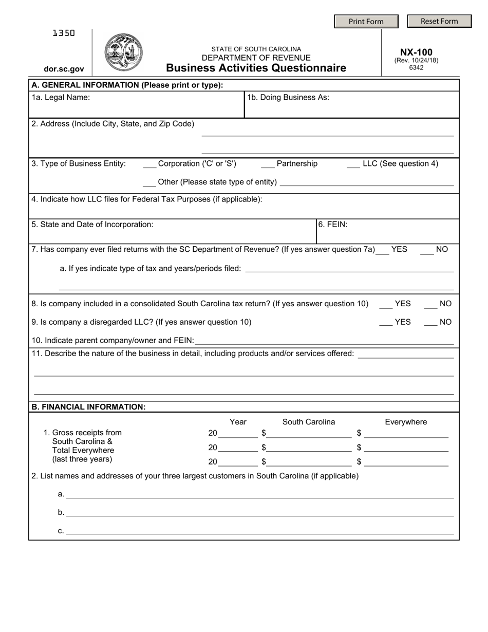 Form NX-100 Business Activities Questionnaire - South Carolina, Page 1