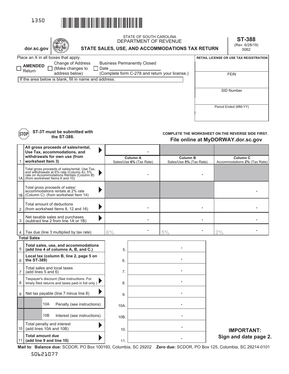 Form ST-388 State Sales and Use and Accommodations Tax Return - South Carolina, Page 1