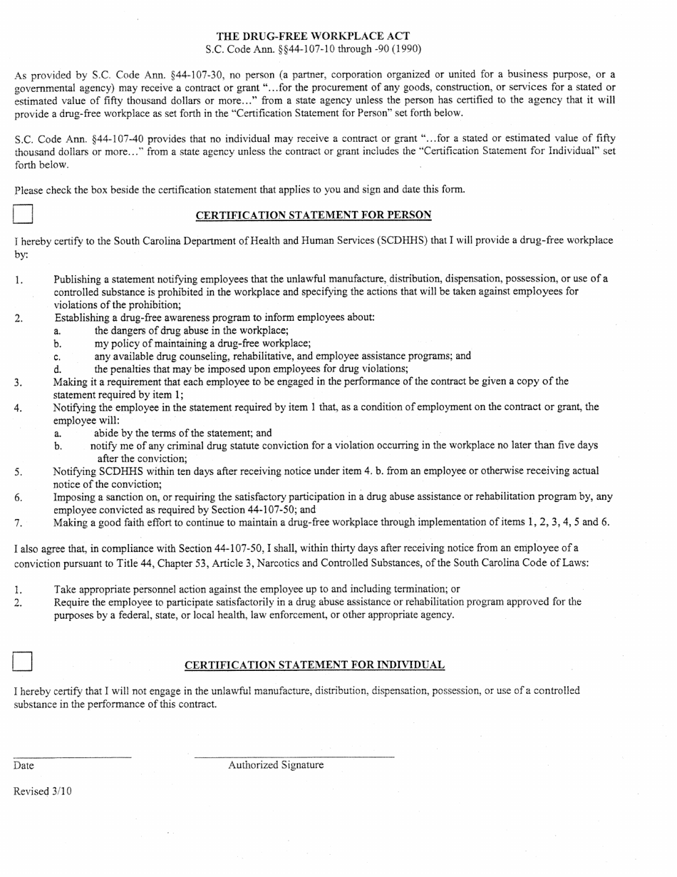 Drug-Free Workplace Act Certification Statement - South Carolina, Page 1