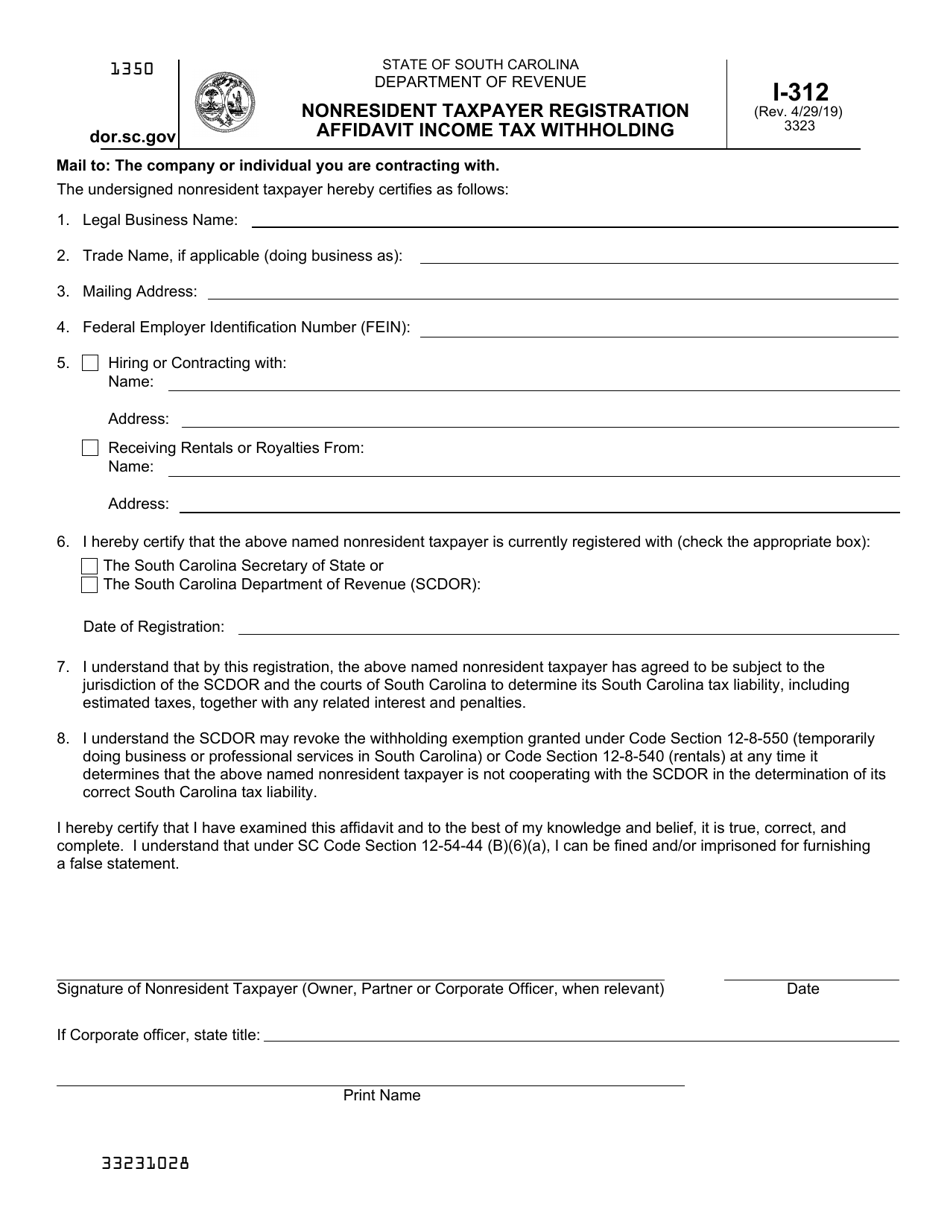 Form I-312 Nonresident Taxpayer Registration Affidavit Income Tax Withholding - South Carolina, Page 1