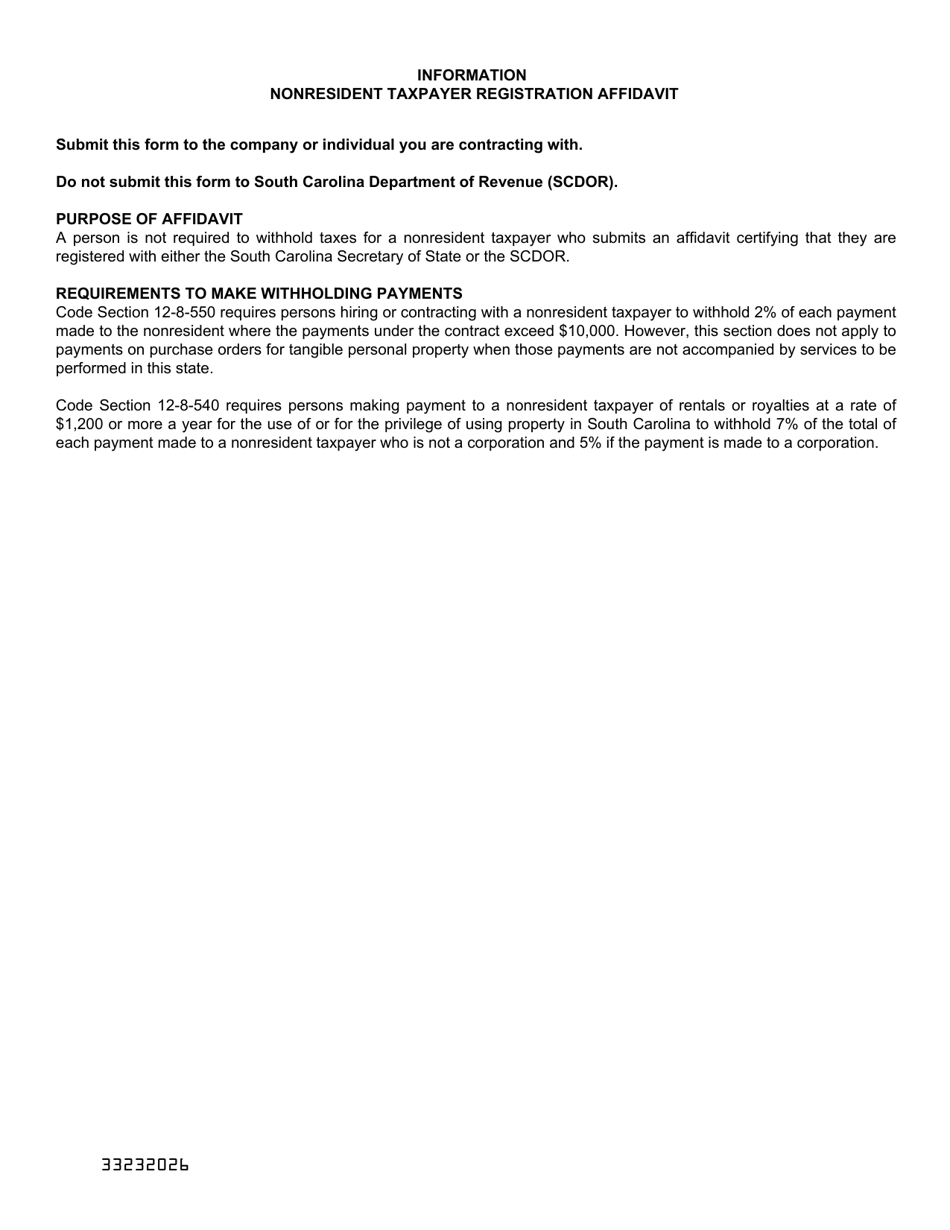 Form I-312 Nonresident Taxpayer Registration Affidavit Income Tax Withholding - South Carolina, Page 2