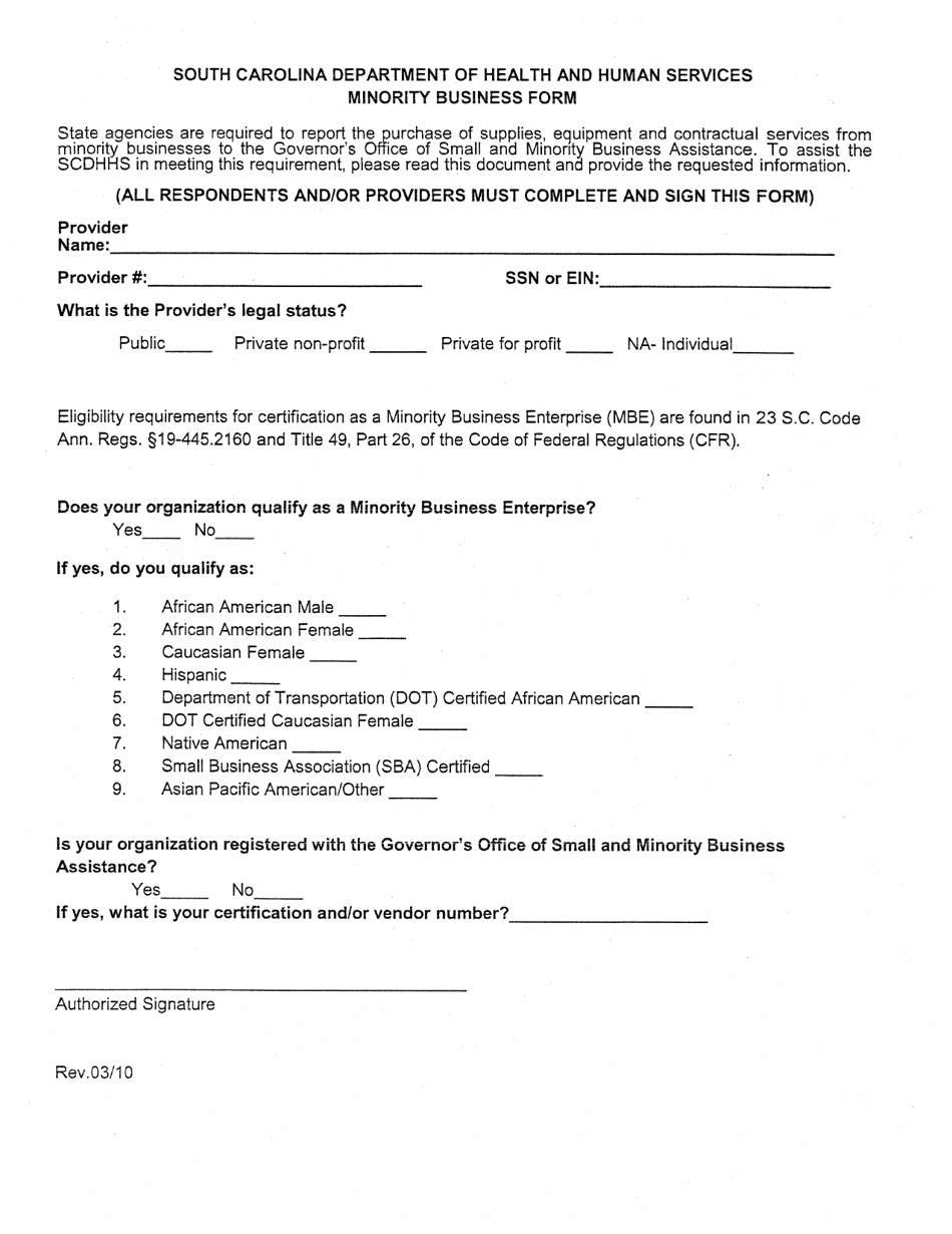 Minority Business Form - South Carolina, Page 1