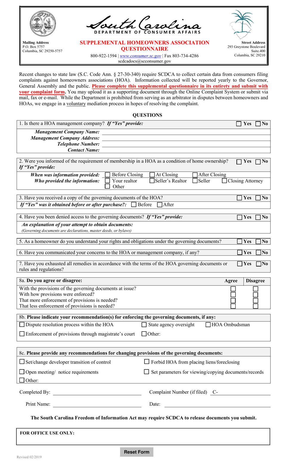 Supplemental Homeowners Association Questionnaire - South Carolina, Page 1