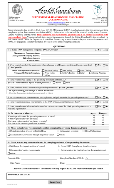 Supplemental Homeowners Association Questionnaire - South Carolina Download Pdf