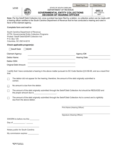 Form GEC-3 Governmental Entity Collections Decision of Hearing Officer - South Carolina