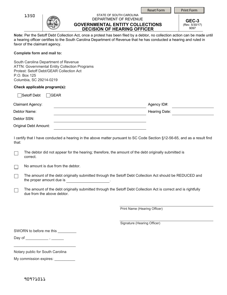 Form GEC-3 Governmental Entity Collections Decision of Hearing Officer - South Carolina, Page 1