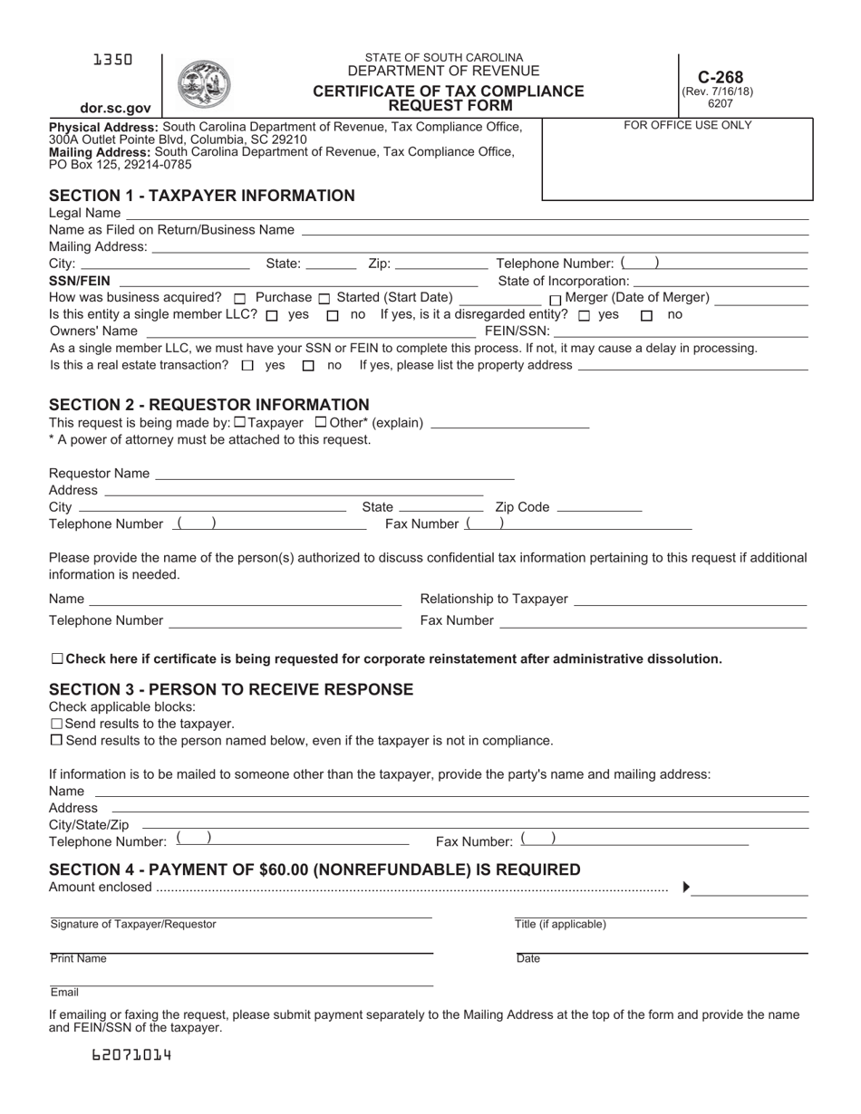 Form C-268 Certificate of Tax Compliance Request Form - South Carolina, Page 1