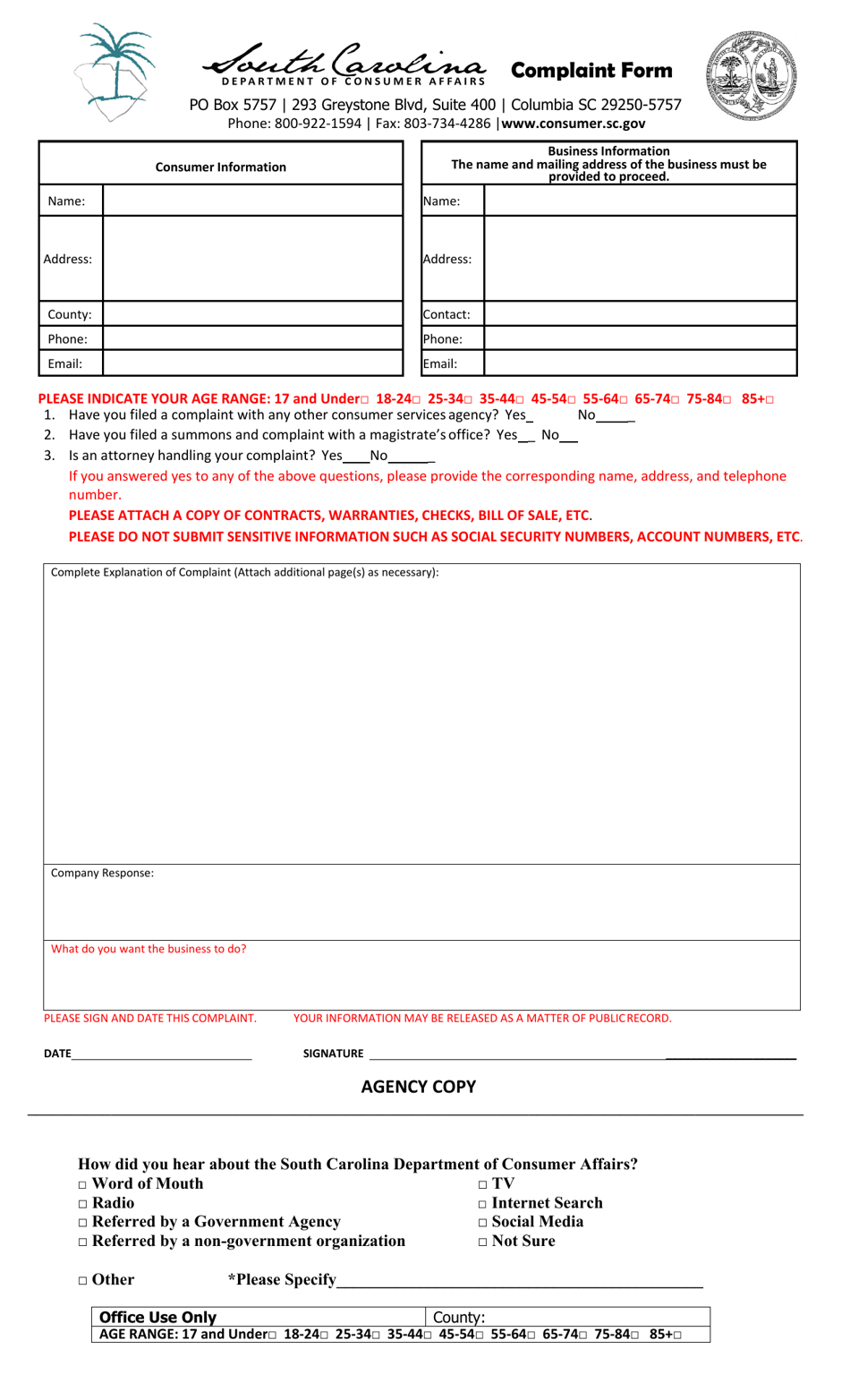 South Carolina Complaint Form Download Printable PDF | Templateroller